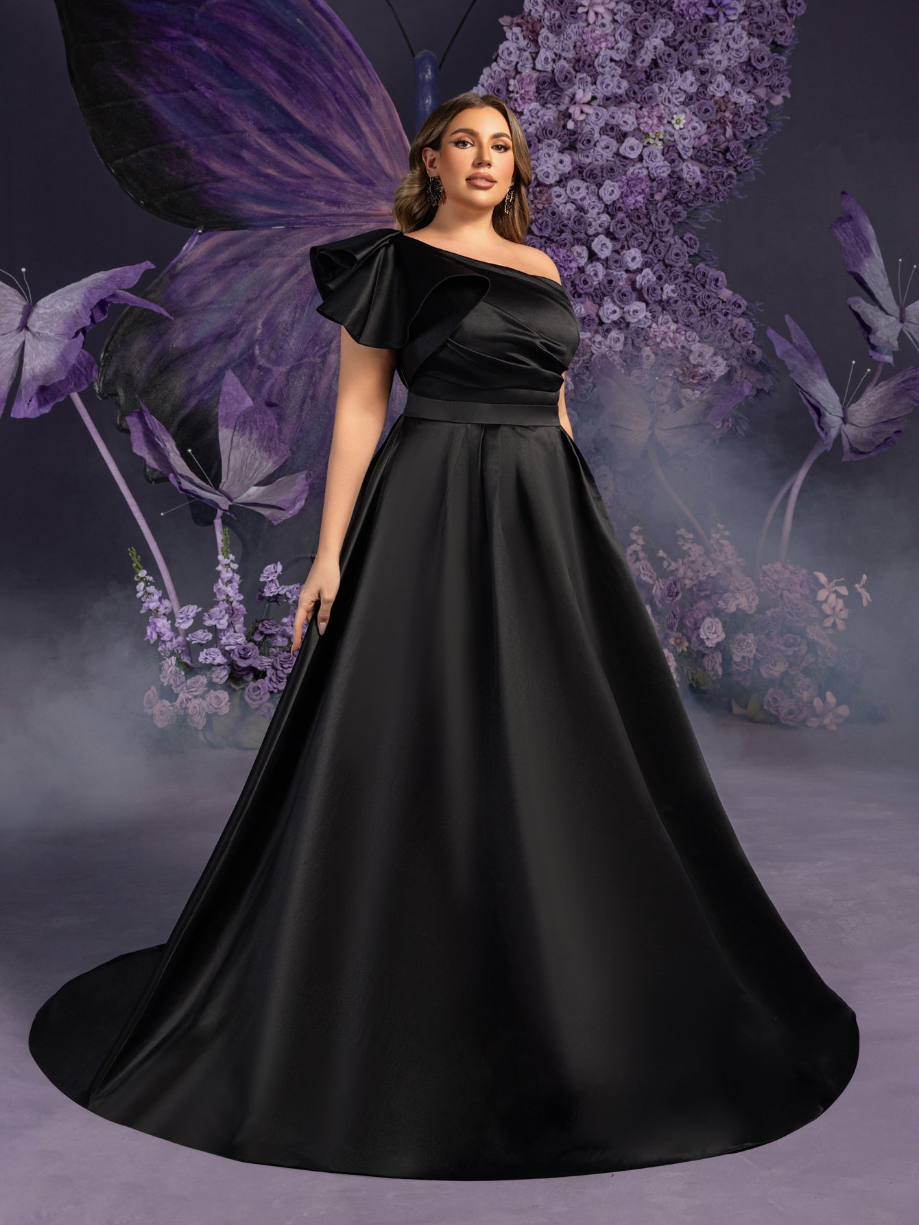 Plus-Size Dramatic Black Bridal Gowns: Asymmetrical One-Shoulder & Backless Satin Ball Dresses with Floor-Length Silhouette