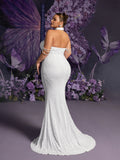 Plus Beaded Chain Detail Split Thigh Mermaid Hem Sequin Wedding Dress (Choker included)