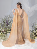 Maternity Plunging Neck Cape Sleeves Mermaid Hem Sequin Evening Dress