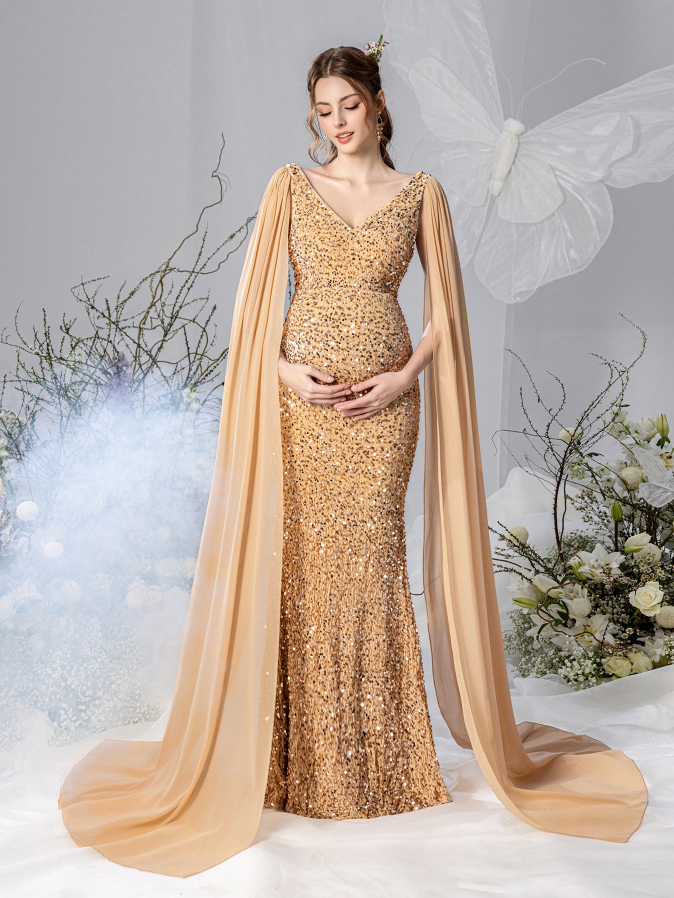 Maternity Plunging Neck Cape Sleeves Mermaid Hem Sequin Evening Dress