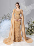 Maternity Plunging Neck Cape Sleeves Mermaid Hem Sequin Evening Dress