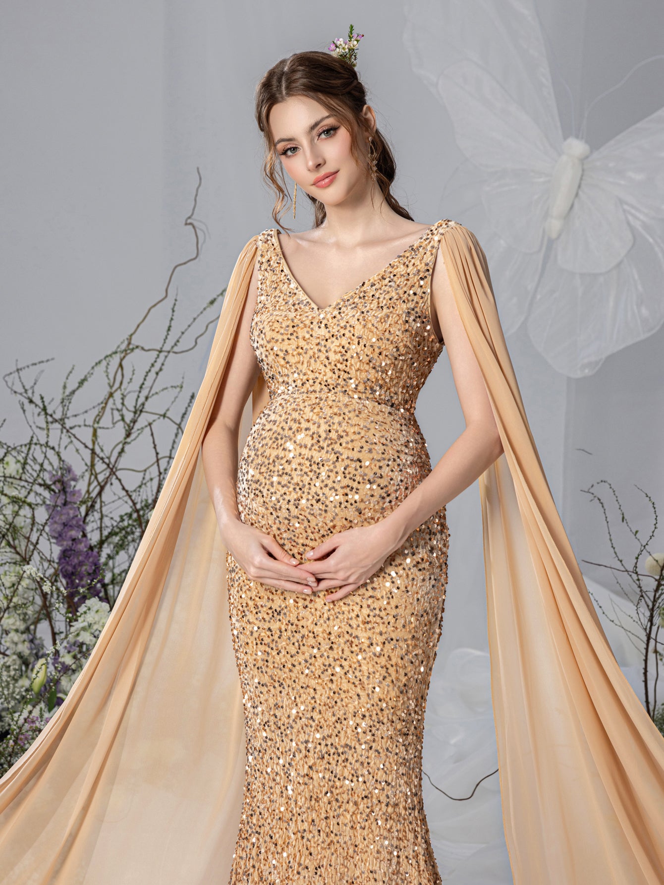 Maternity Plunging Neck Cape Sleeves Mermaid Hem Sequin Evening Dress