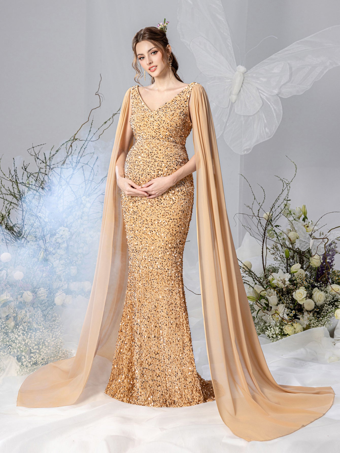 Maternity Plunging Neck Cape Sleeves Mermaid Hem Sequin Evening Dress