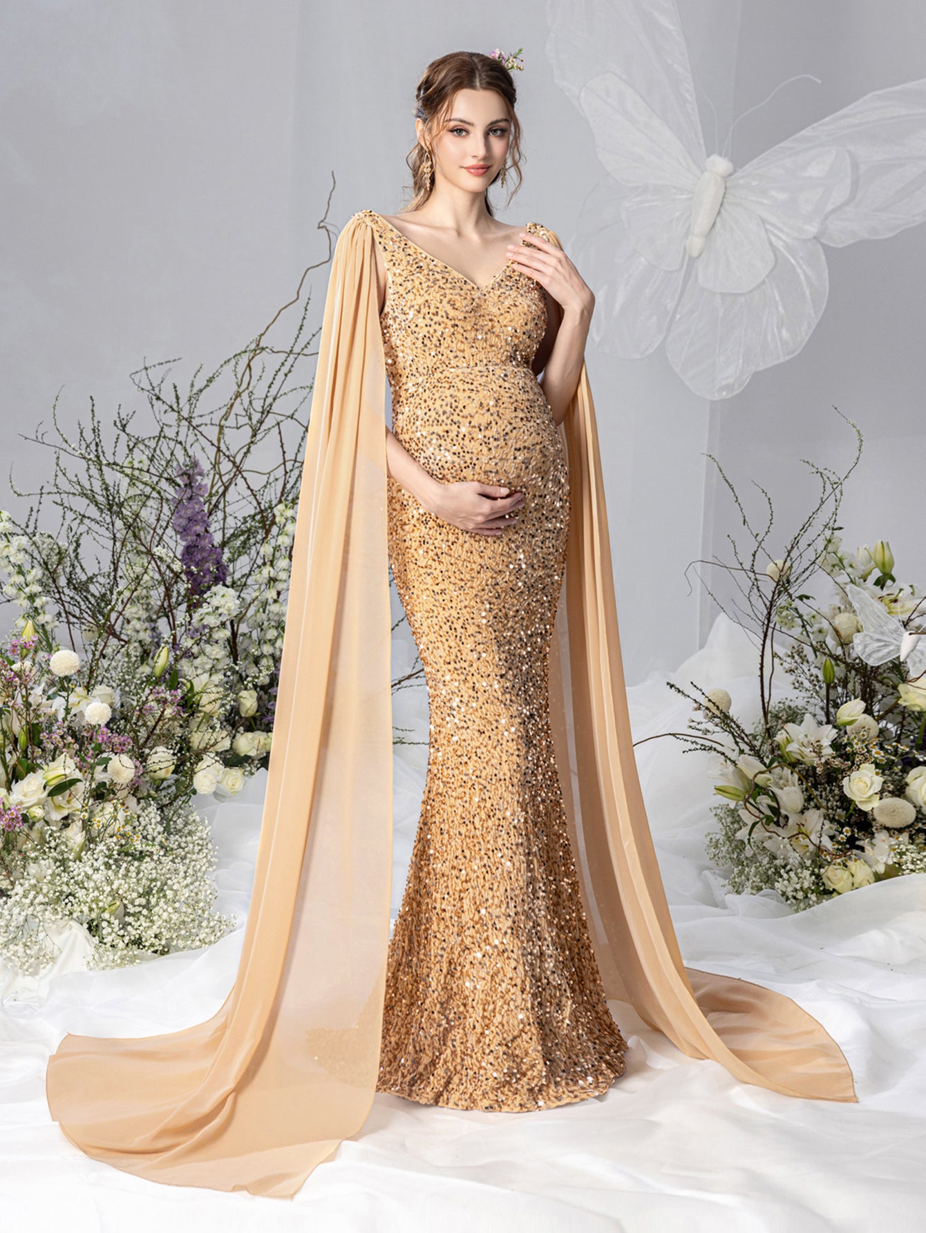 Maternity Plunging Neck Cape Sleeves Mermaid Hem Sequin Evening Dress