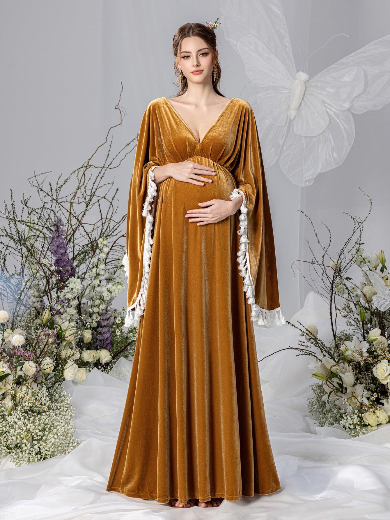 Maternity Backless Cape Sleeves Velvet Party Dress