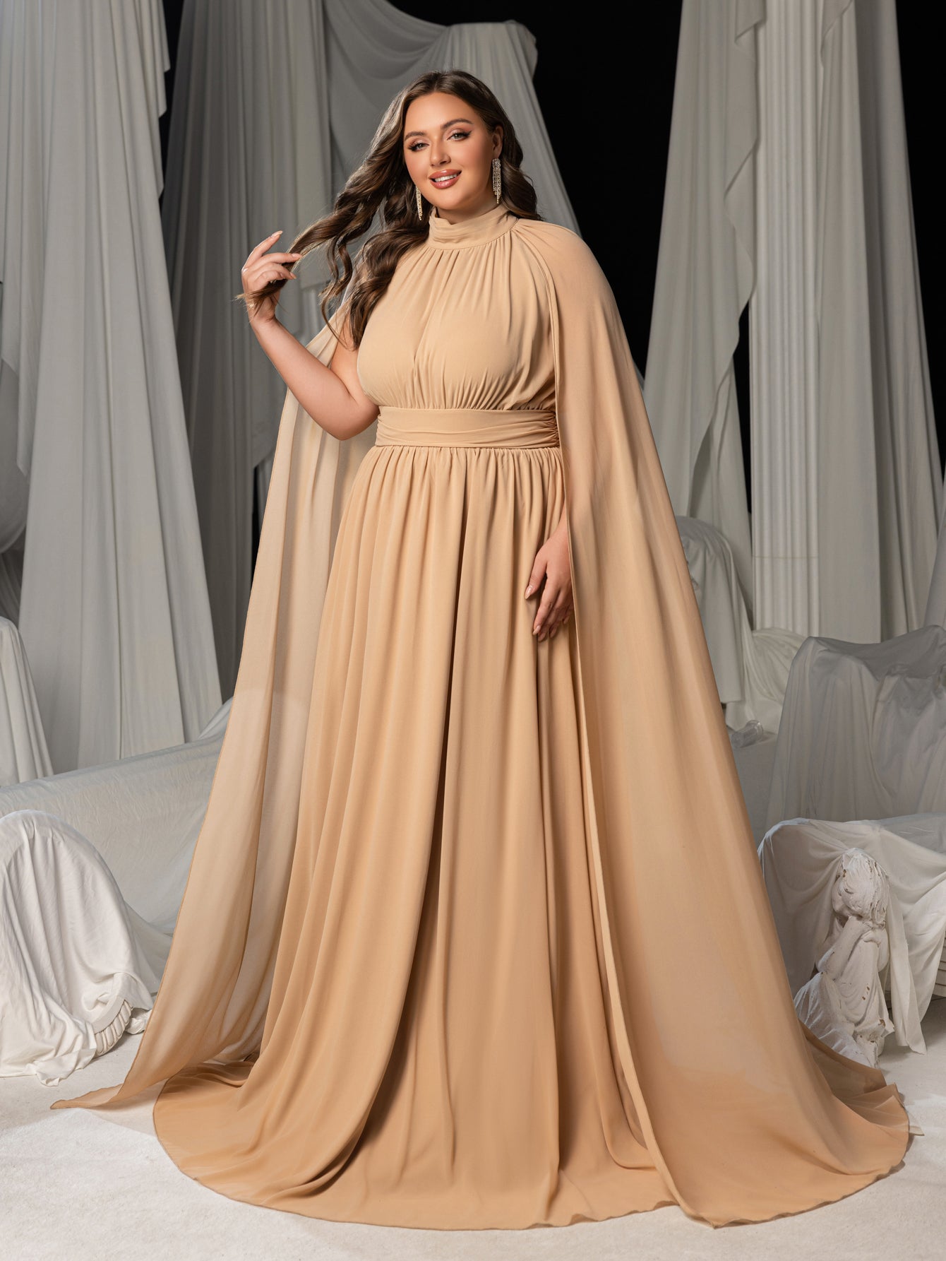 Plus Mock Neck Cloak Sleeves Chiffon Formal Cape Dress Champagne / 1XL Plus Mock Neck Cloak Sleeves Chiffon Formal Cape Dress Champagne / 1XL