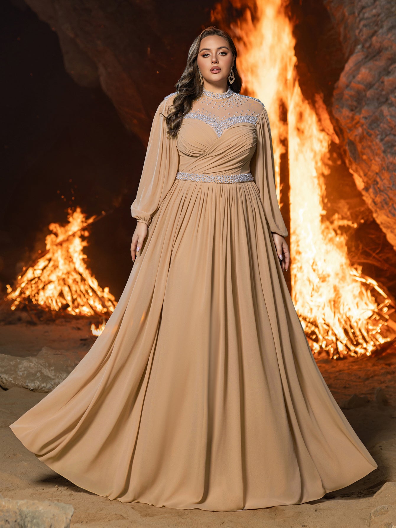 Plus Embellished High Neck Formal Dress | Long Sleeve Gown with Statement Waist & Full Skirt