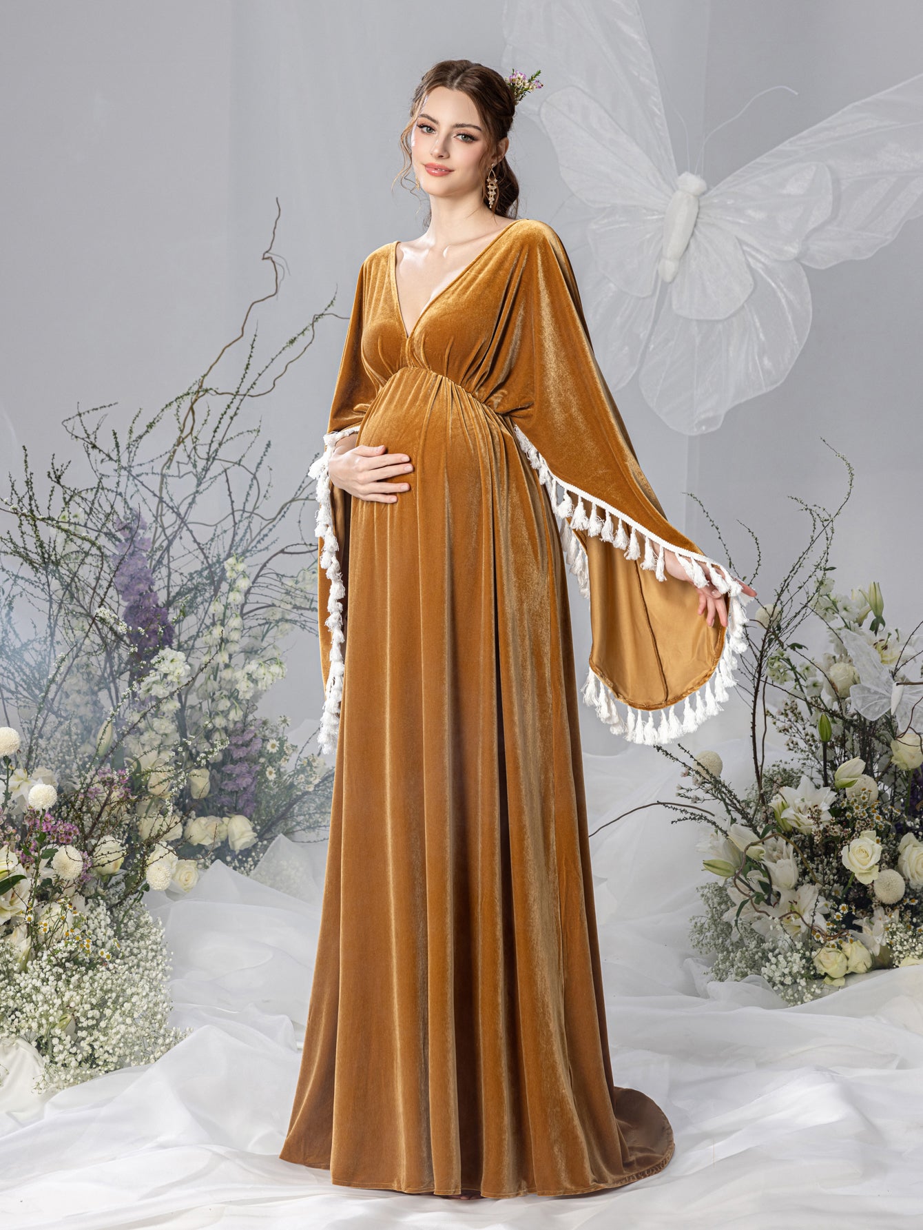 Maternity Backless Cape Sleeves Velvet Party Dress