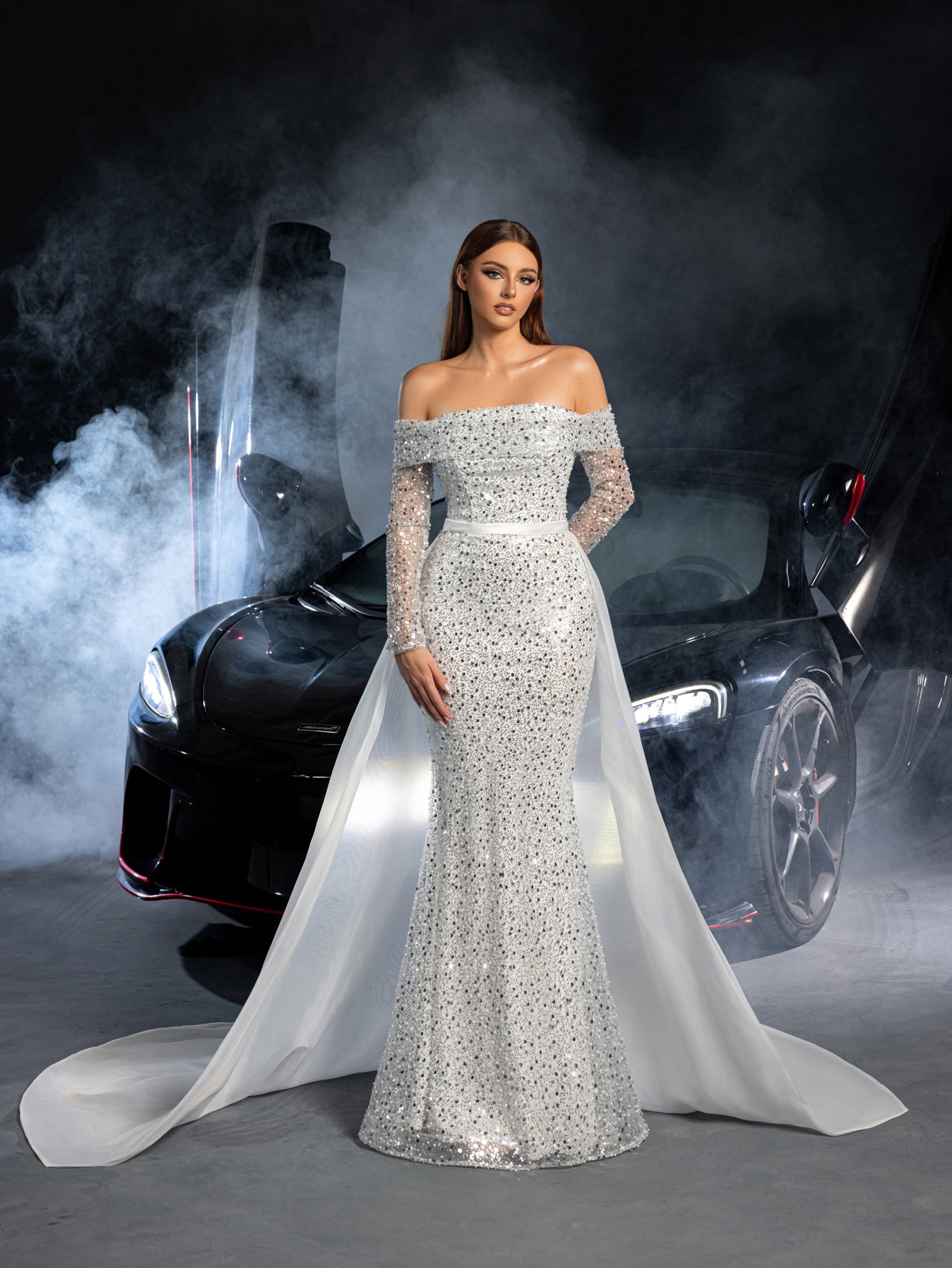 Gorgeous Off Shoulder Sheer Sleeves Mermaid Hem Sequin Wedding Dress with Satin Train