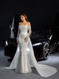 Gorgeous Off Shoulder Sheer Sleeves Mermaid Hem Sequin Wedding Dress with Satin Train