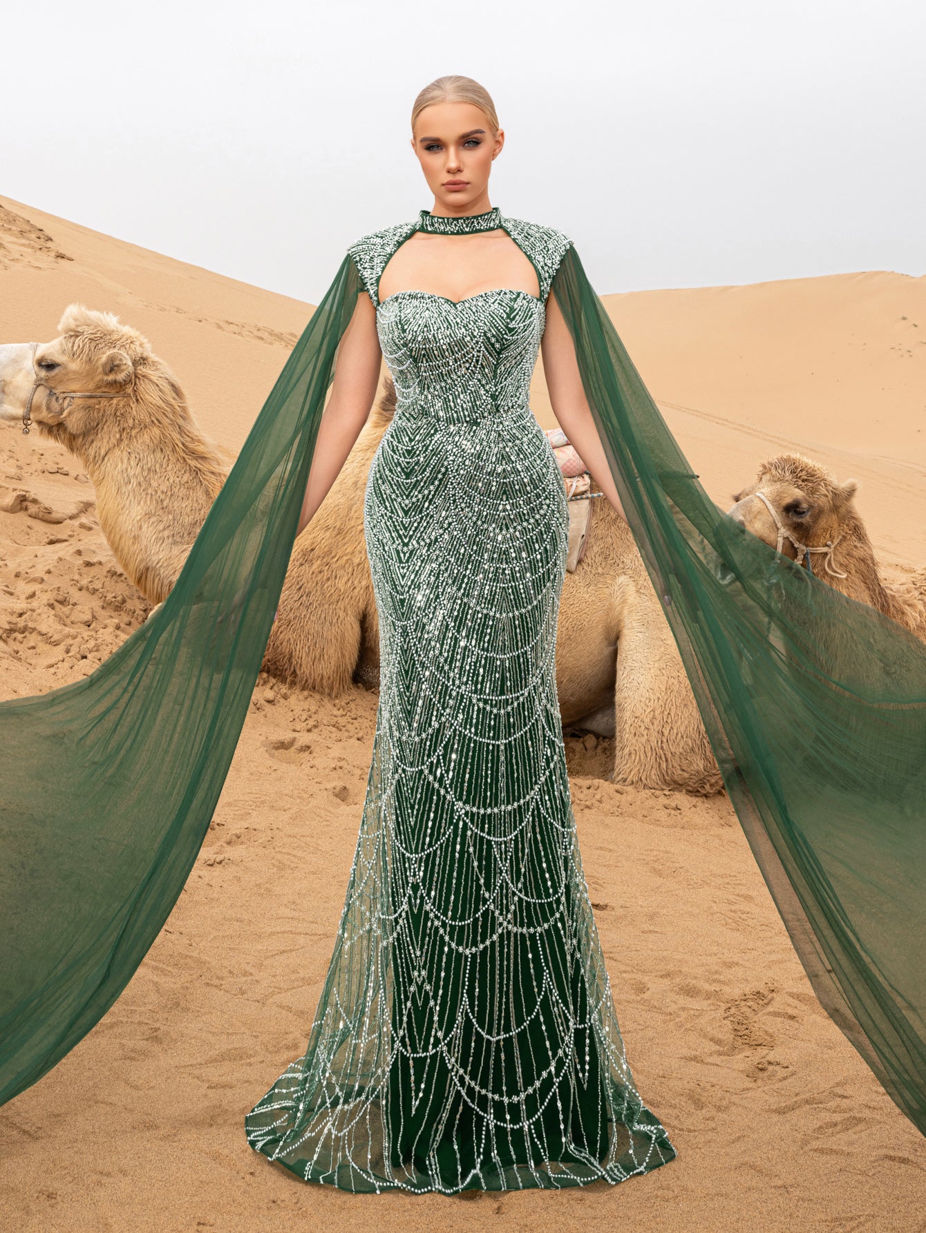 Gorgeous Choker Neck Backless Extra-Long Sleeves Beaded Formal Dress Light Blue / M Gorgeous Choker Neck Backless Extra-Long Sleeves Beaded Formal Dress Light Blue / M
