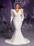 Plus Backless Applique Bishop Sleeves Mermaid Hem Evening Dress Wedding Dress