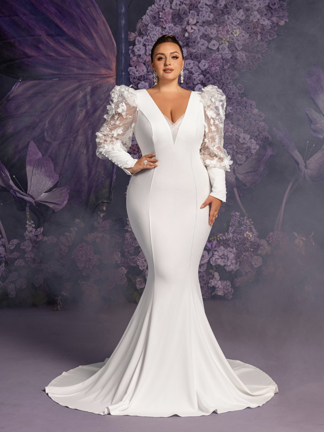 Plus Backless Applique Bishop Sleeves Mermaid Hem Evening Dress Wedding Dress