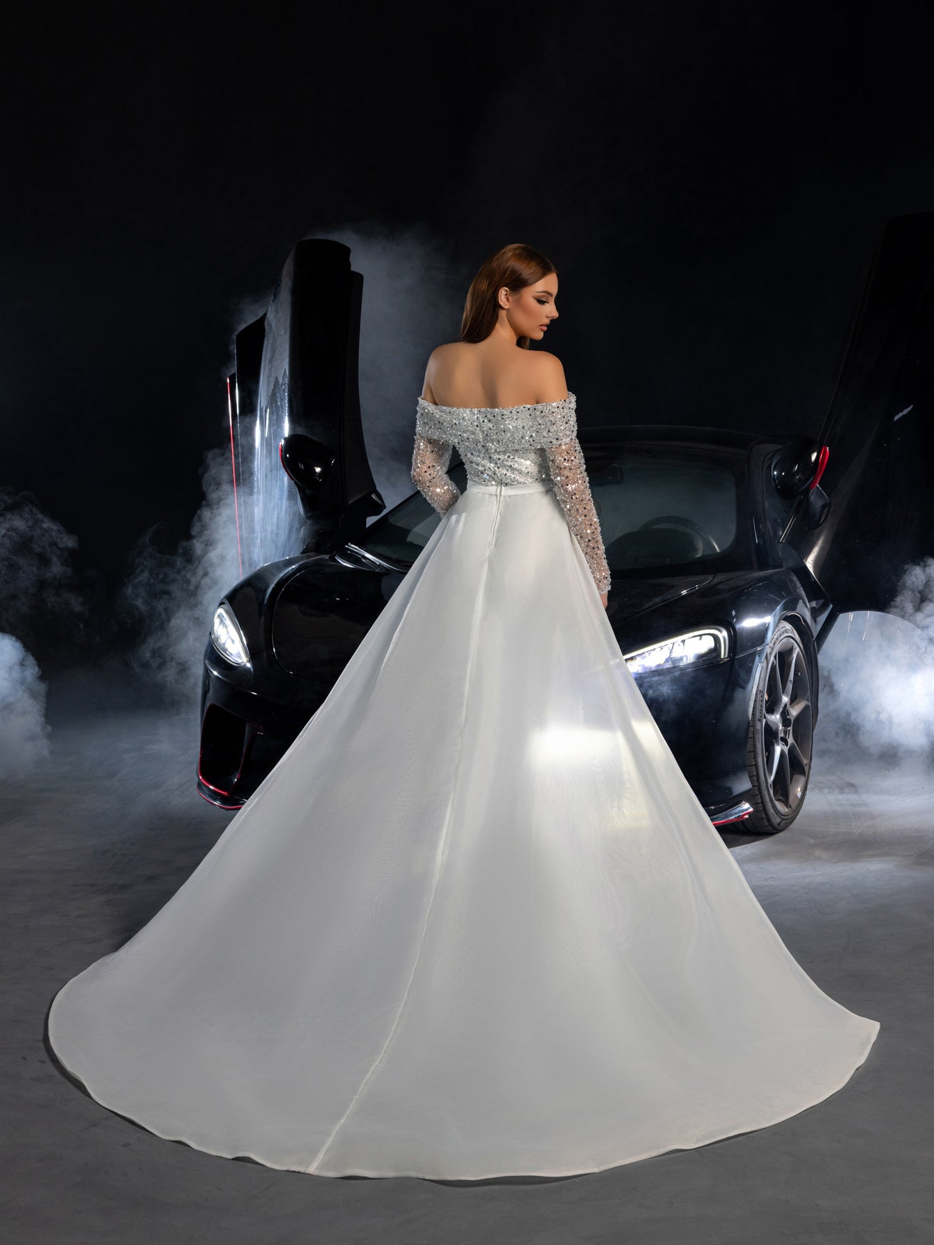 Gorgeous Off Shoulder Sheer Sleeves Mermaid Hem Sequin Wedding Dress with Satin Train