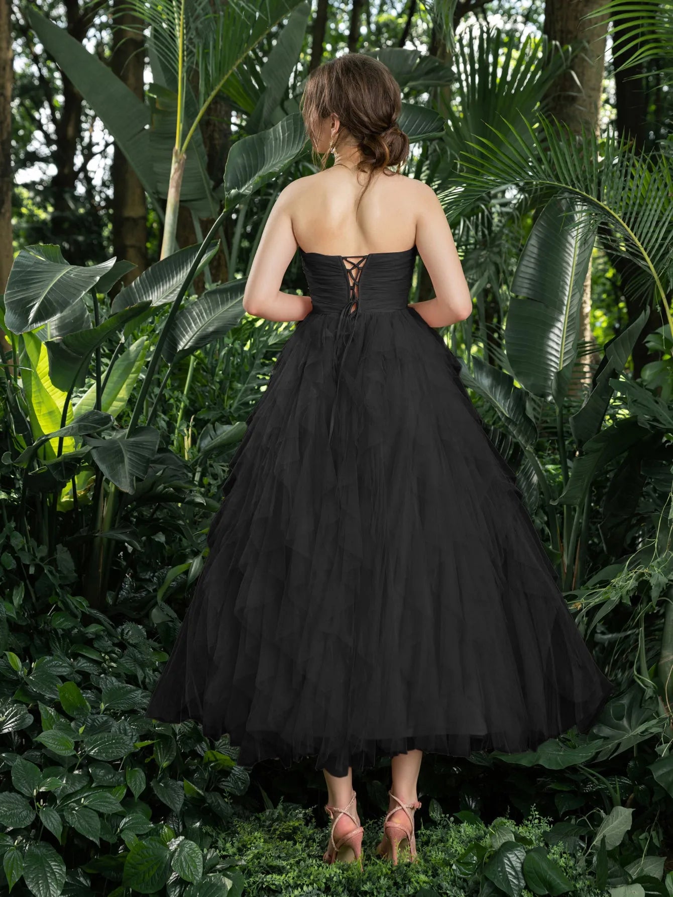 Midi Ruched Bustier Cascading Ruffle Hem Tulle Party Tube Dress