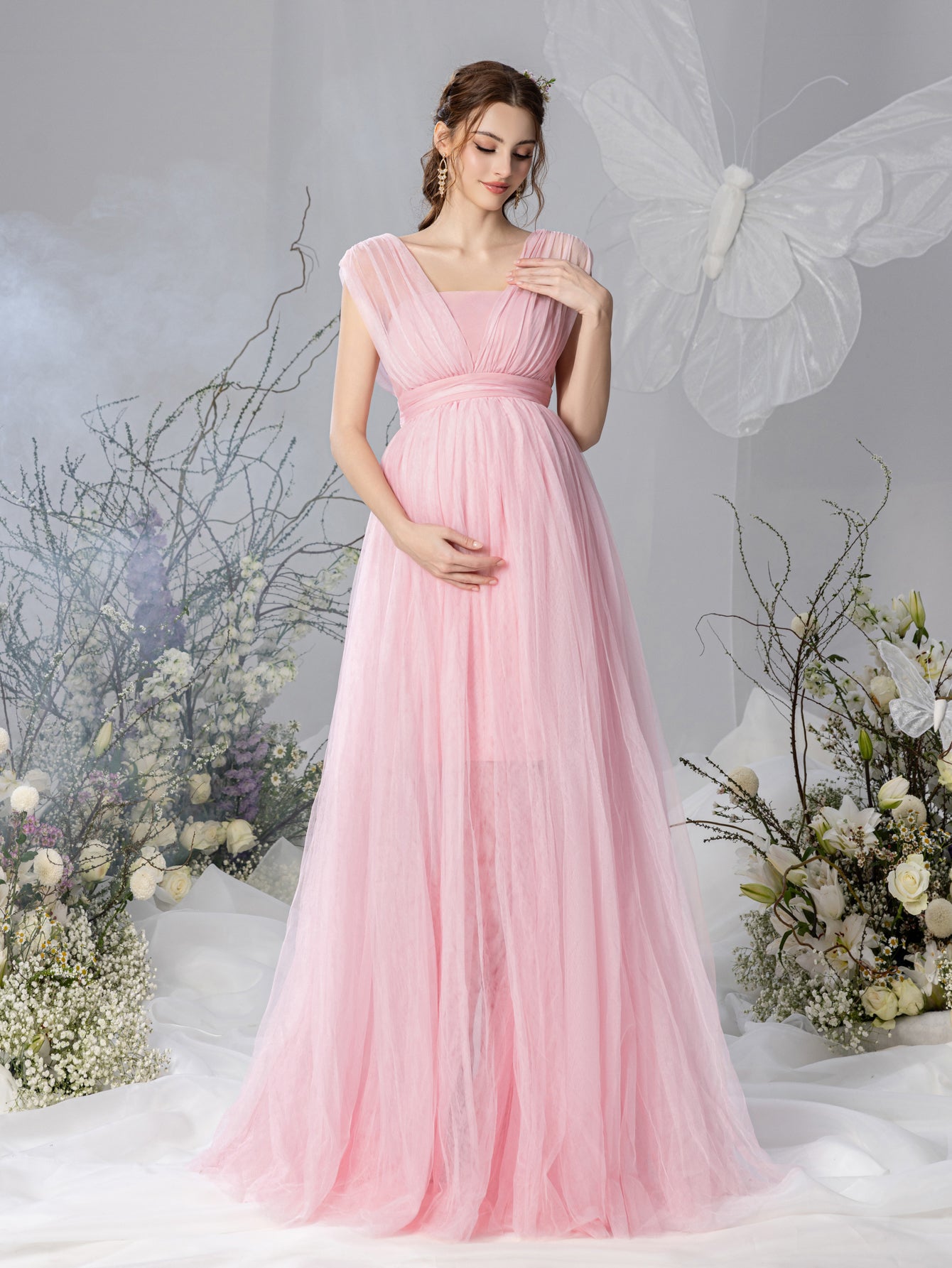 maternity elegant v-neck stitching mesh gown pink dress Pink Blush Maternity Dress Light Pink Lace Mesh Overlay Maternity Maxi Dress