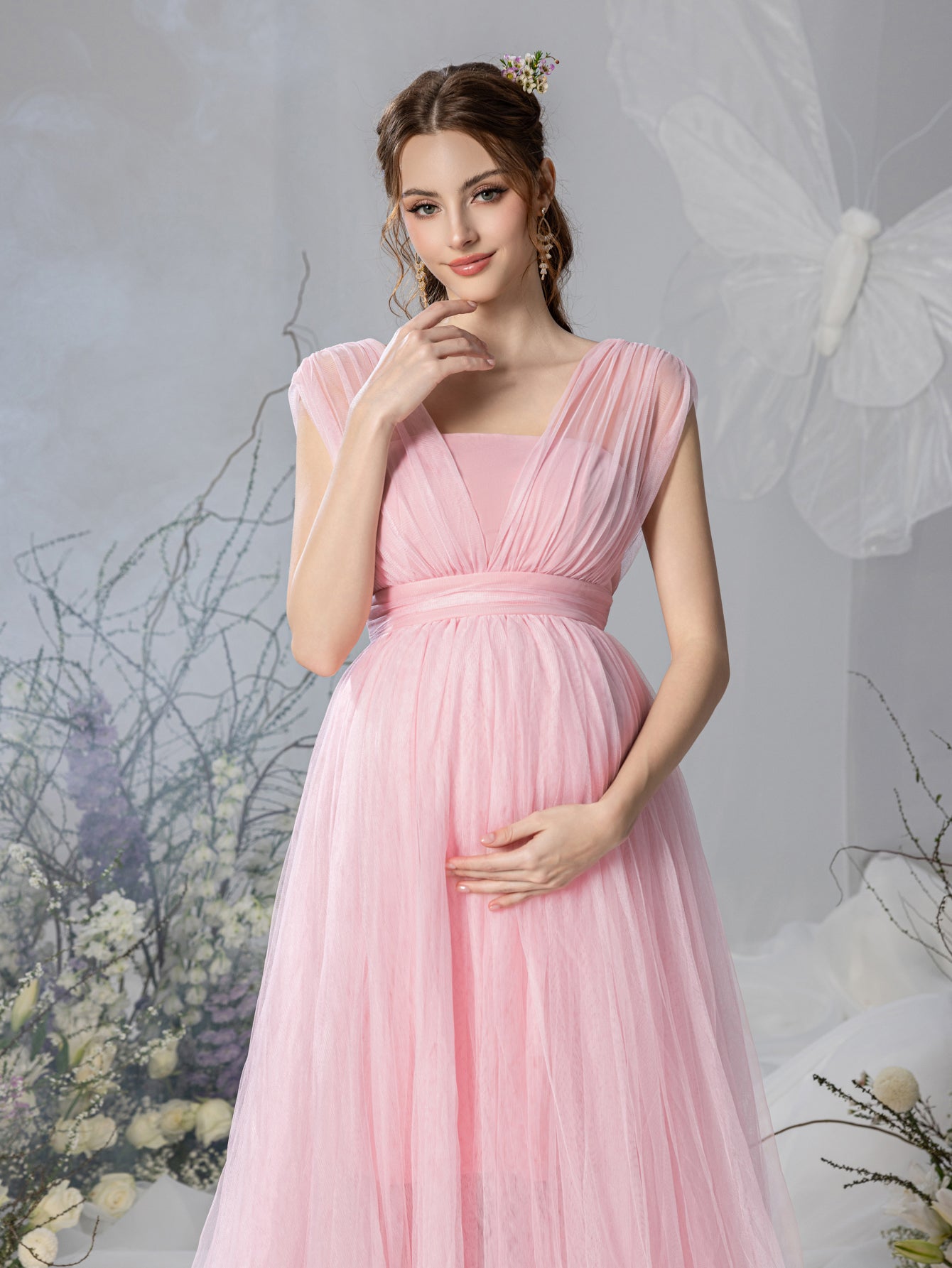 pregnancy me party wear dresses Maternity V Neck Backless Mesh Party Dress – Elonnashop