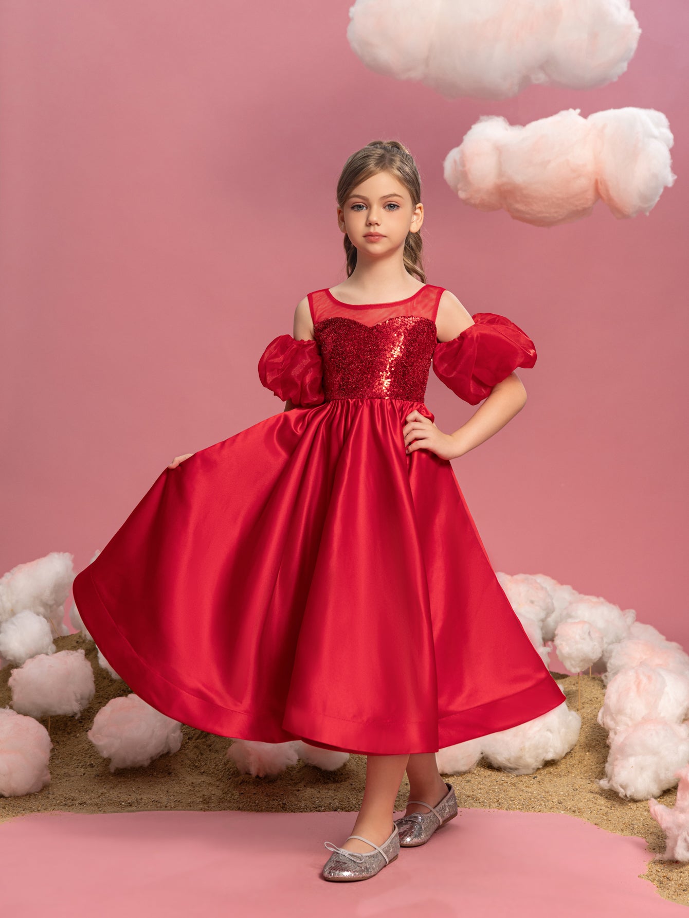 Tween Girls' Puff Sleeve Sequin Contrast Satin Dress