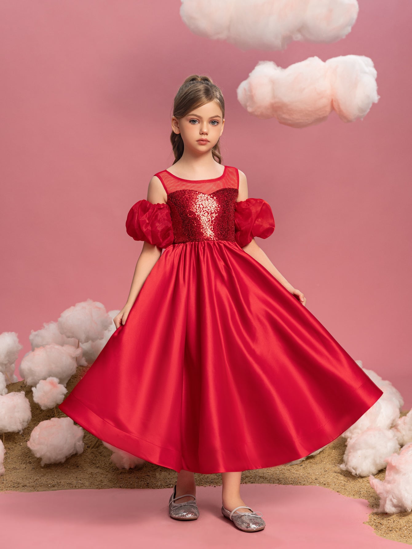 Tween Girls' Puff Sleeve Sequin Contrast Satin Dress