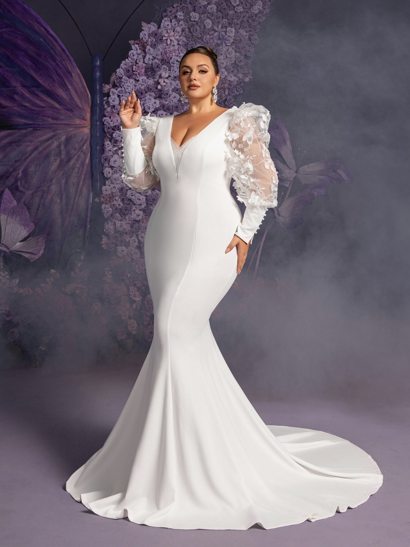 Plus Backless Applique Bishop Sleeves Mermaid Hem Evening Dress Wedding Dress