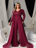Plus V Neck Gigot Sleeves Sequin Prom Jumpsuit