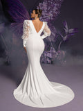 Plus Backless Applique Bishop Sleeves Mermaid Hem Evening Dress Wedding Dress