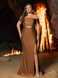 Plus Off-Shoulder Mermaid Gown with Ruching | Silver Belt & High Side Slit