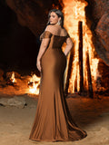 Plus Off-Shoulder Mermaid Gown with Ruching | Silver Belt & High Side Slit