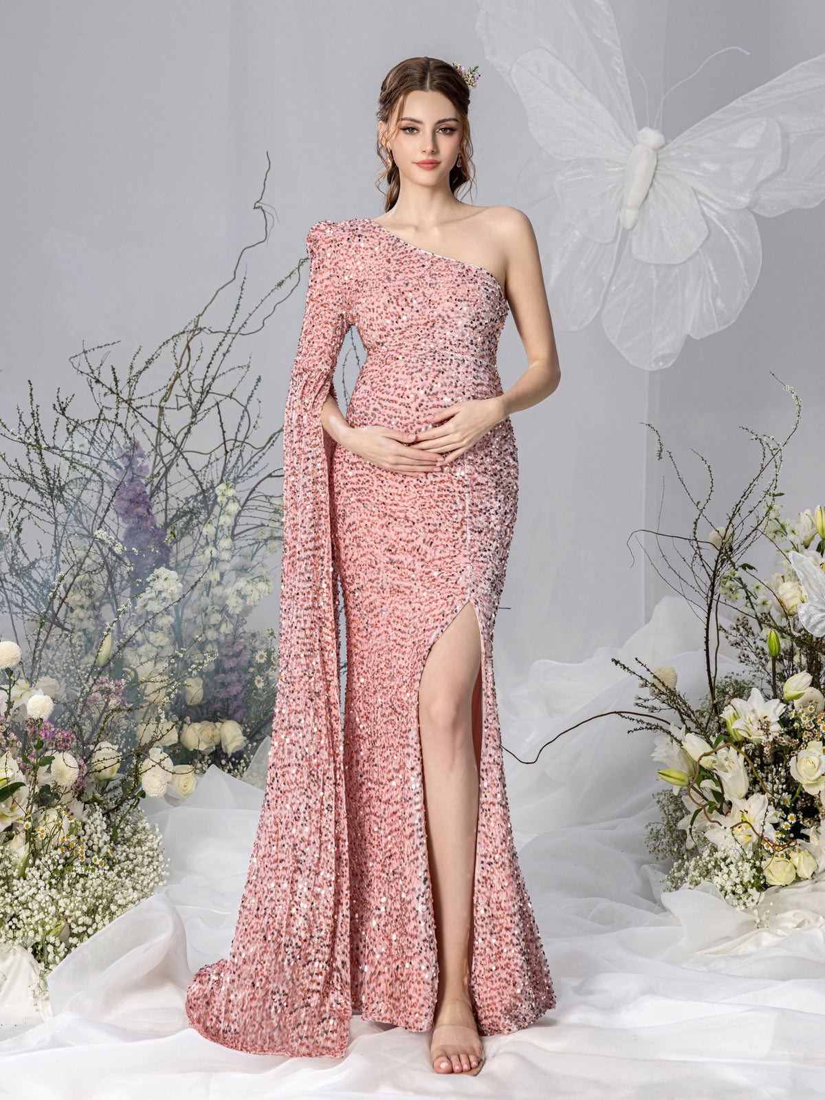 Maternity One Shoulder Extra Single Long Sleeve Mermaid Hem Sequin Formal Dress