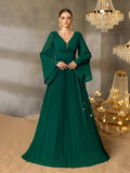 Plunging Neck Flared Sleeves Pleated Chiffon Dresses