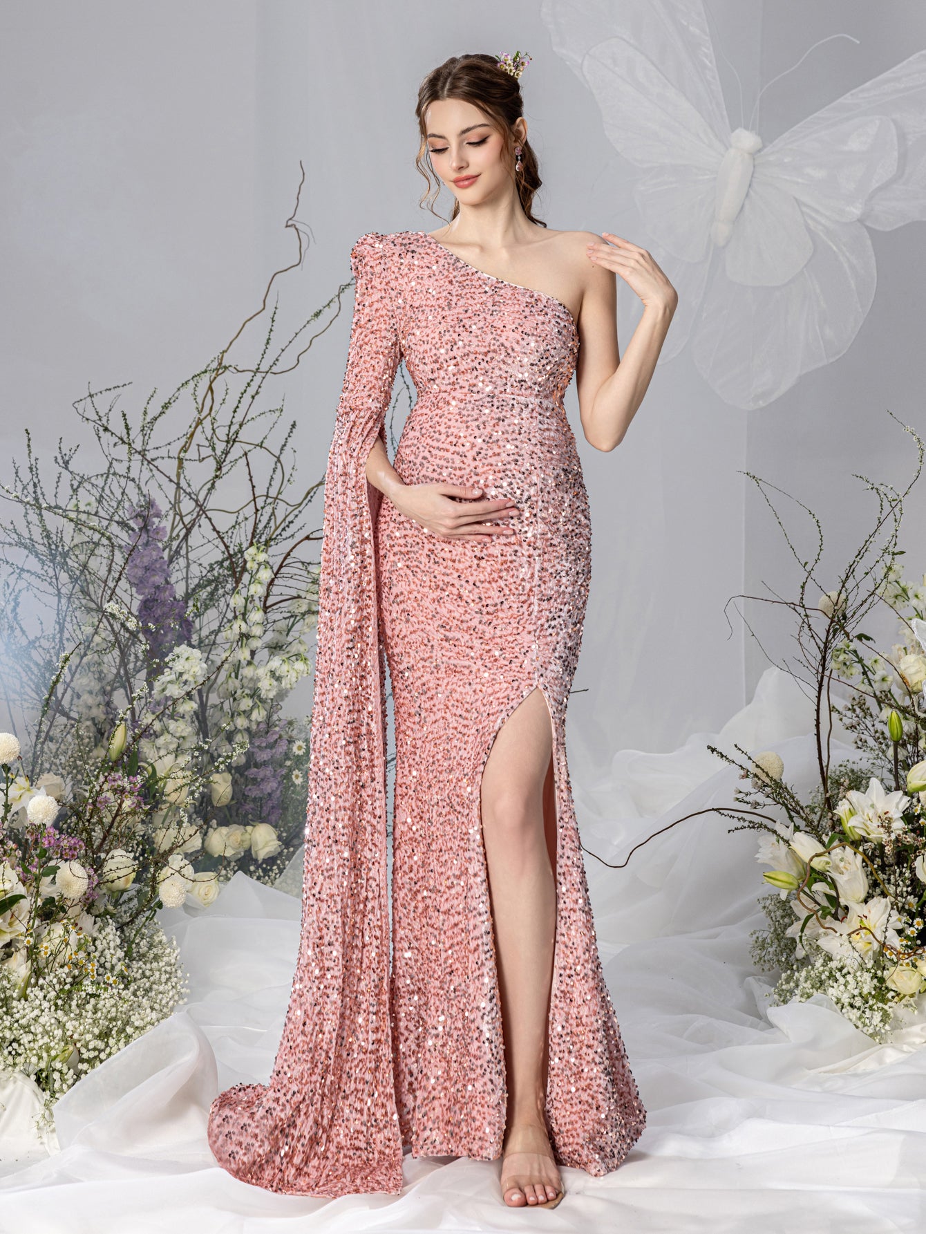 Maternity One Shoulder Extra Single Long Sleeve Mermaid Hem Sequin Fo Elonnashop Maternity One Shoulder Extra Single Long Sleeve Mermaid Hem Sequin Fo Elonnashop