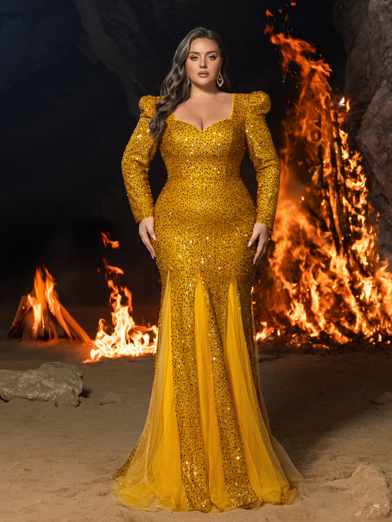 Plus Square Neck Sequin Evening Gown | Puff Sleeve & Mermaid Hem with Mesh Insert