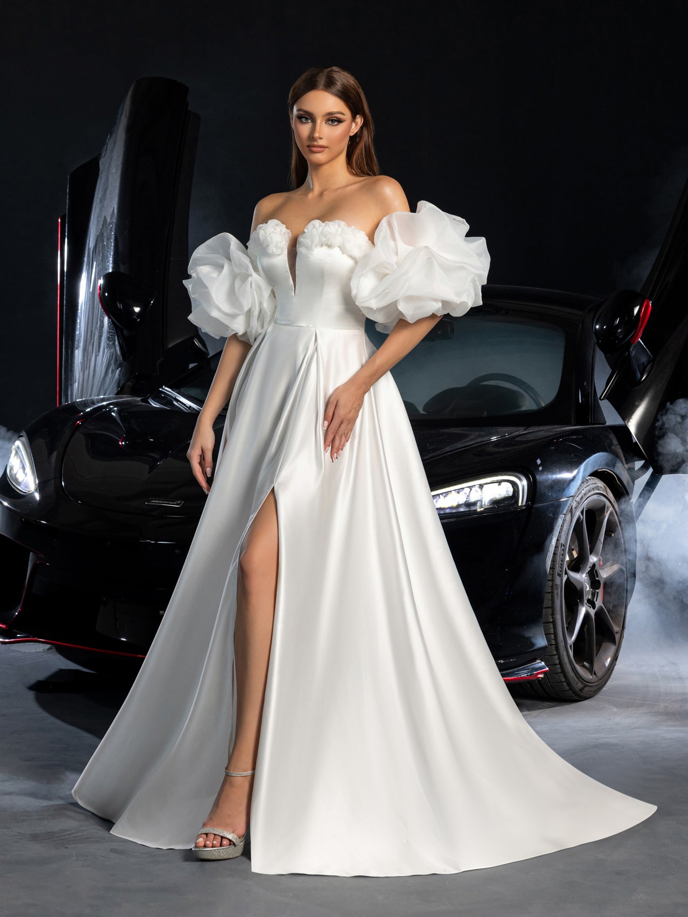 Gorgeous Off Shoulder Puff Sleeves Split Satin A-line Wedding Dress