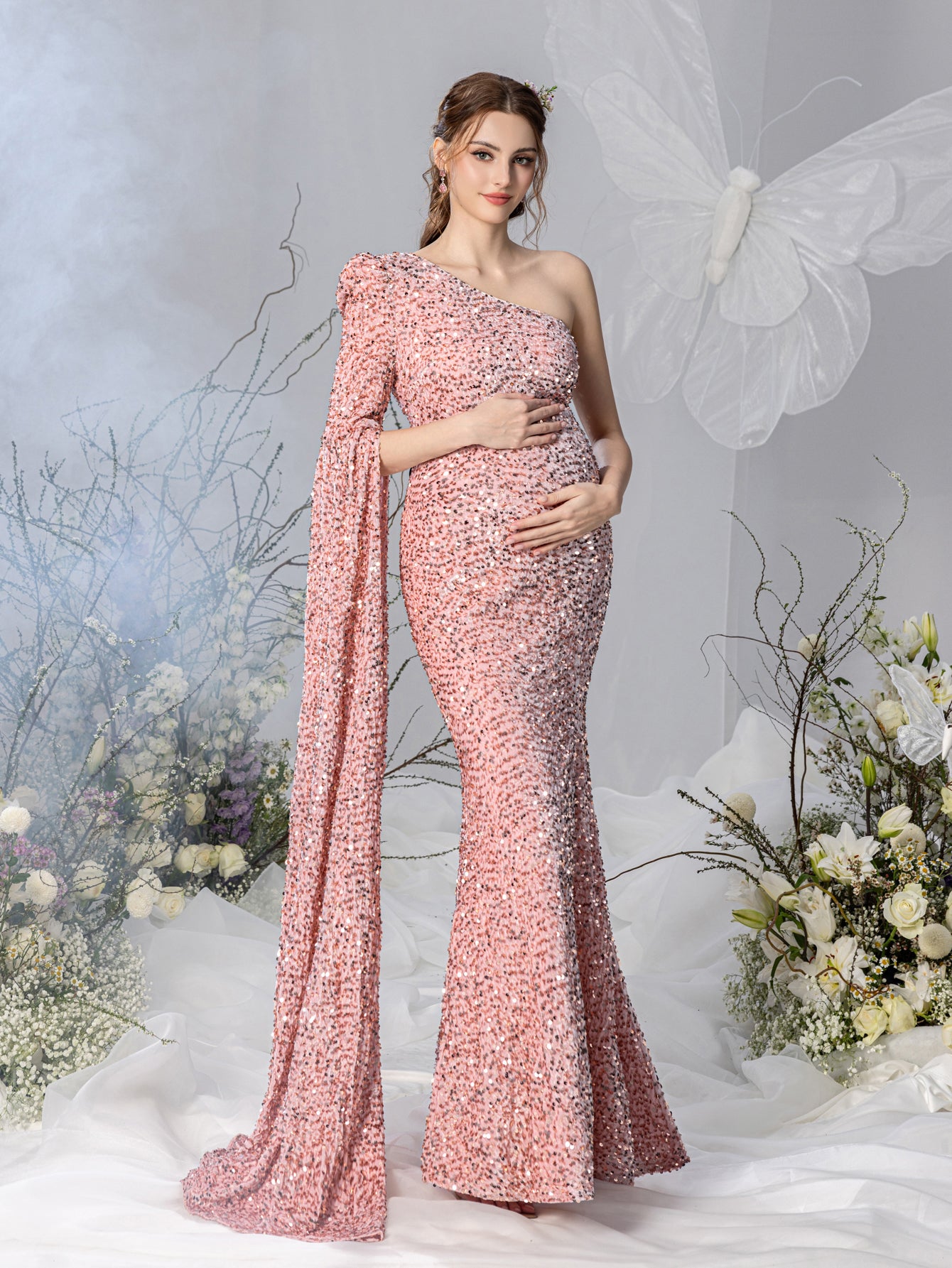 Maternity One Shoulder Extra Single Long Sleeve Mermaid Hem Sequin Formal Dress