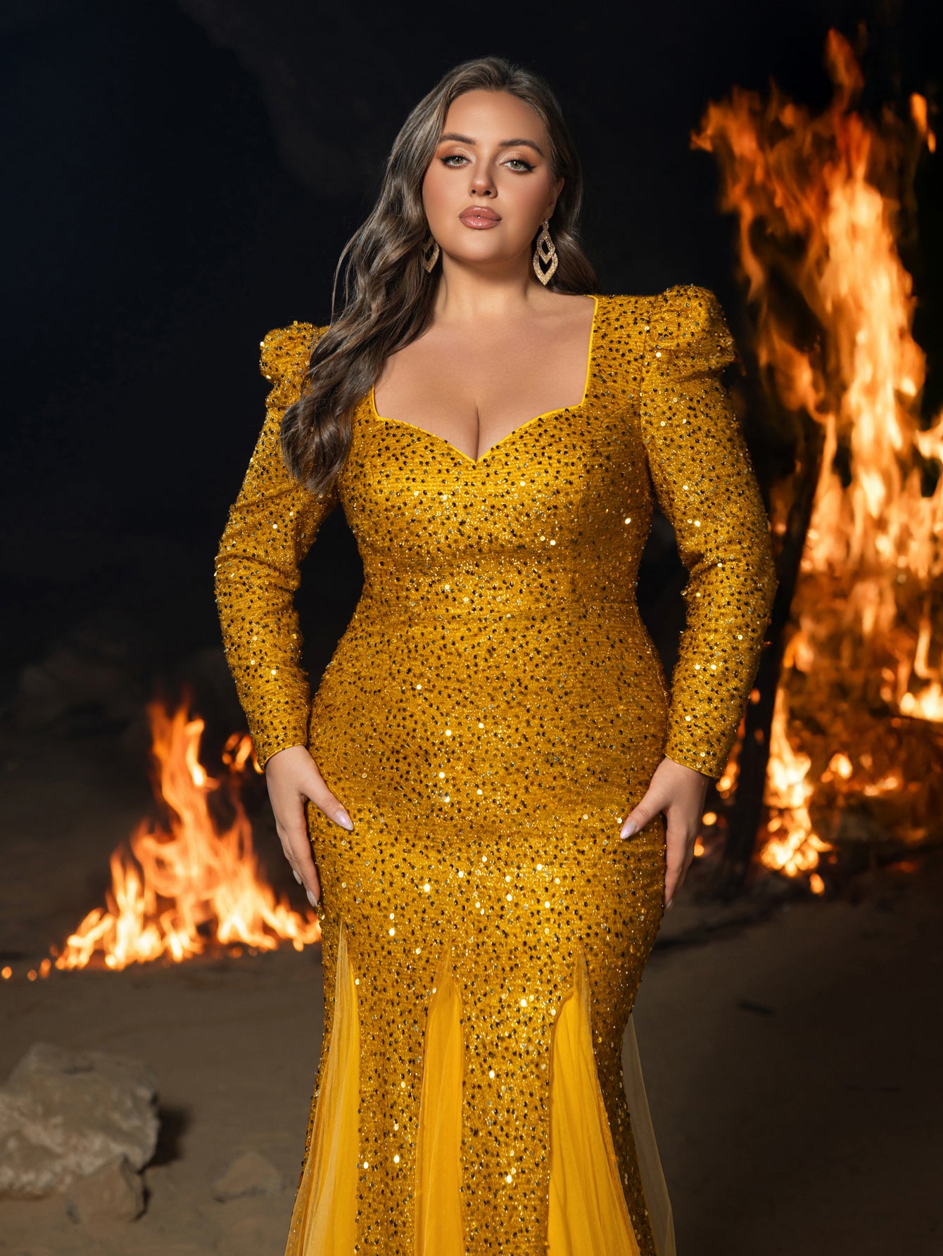 Plus Square Neck Sequin Evening Gown | Puff Sleeve & Mermaid Hem with Mesh Insert