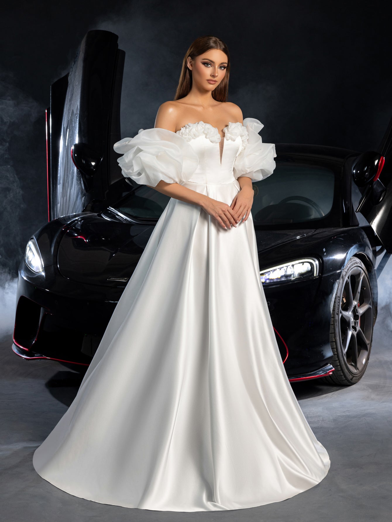 Gorgeous Off Shoulder Puff Sleeves Split Satin A-line Wedding Dress