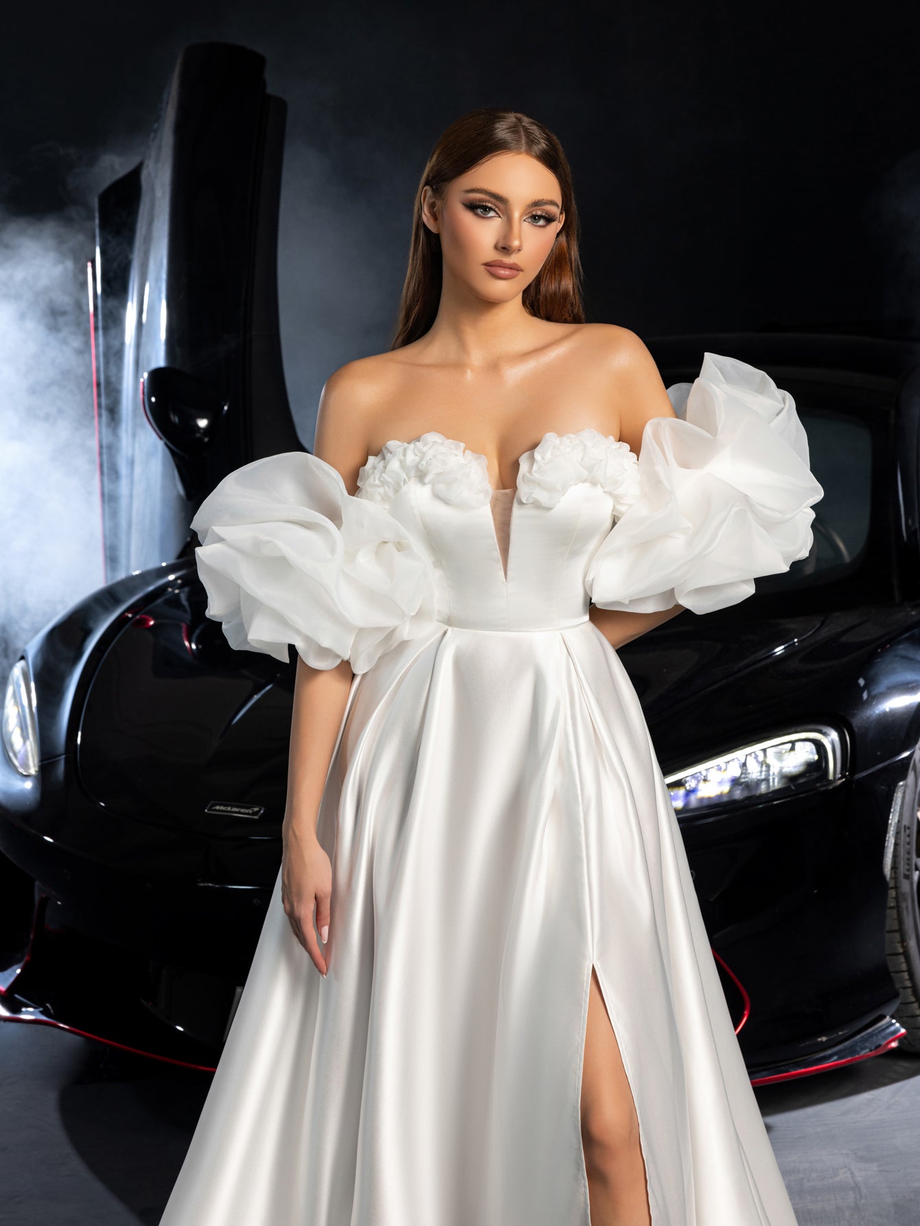 Gorgeous Off Shoulder Puff Sleeves Split Satin A-line Wedding Dress