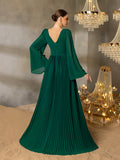 Plunging Neck Flared Sleeves Pleated Chiffon Dresses