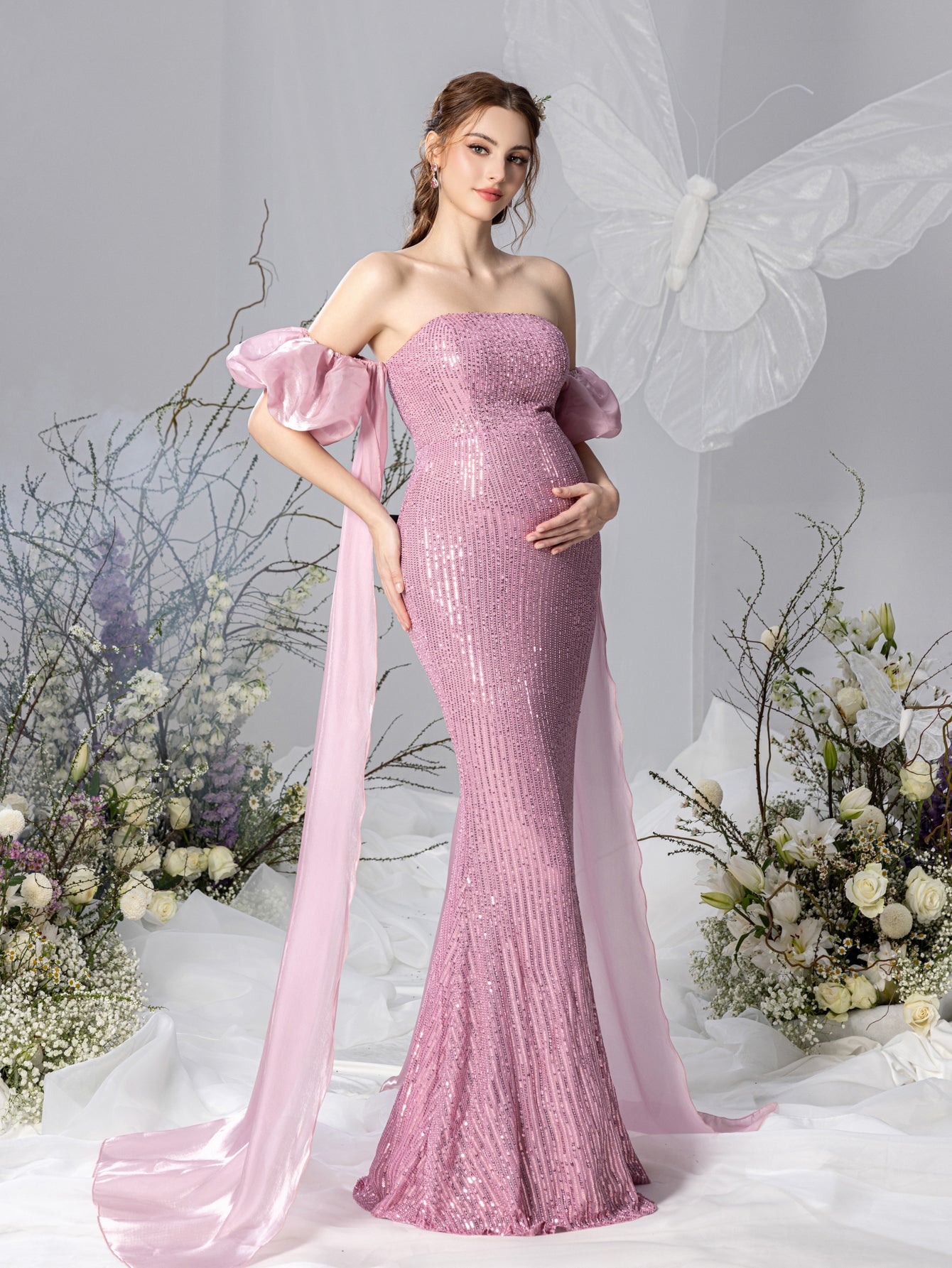 Maternity Strapless Mermaid Hem Sequin Evening Dress