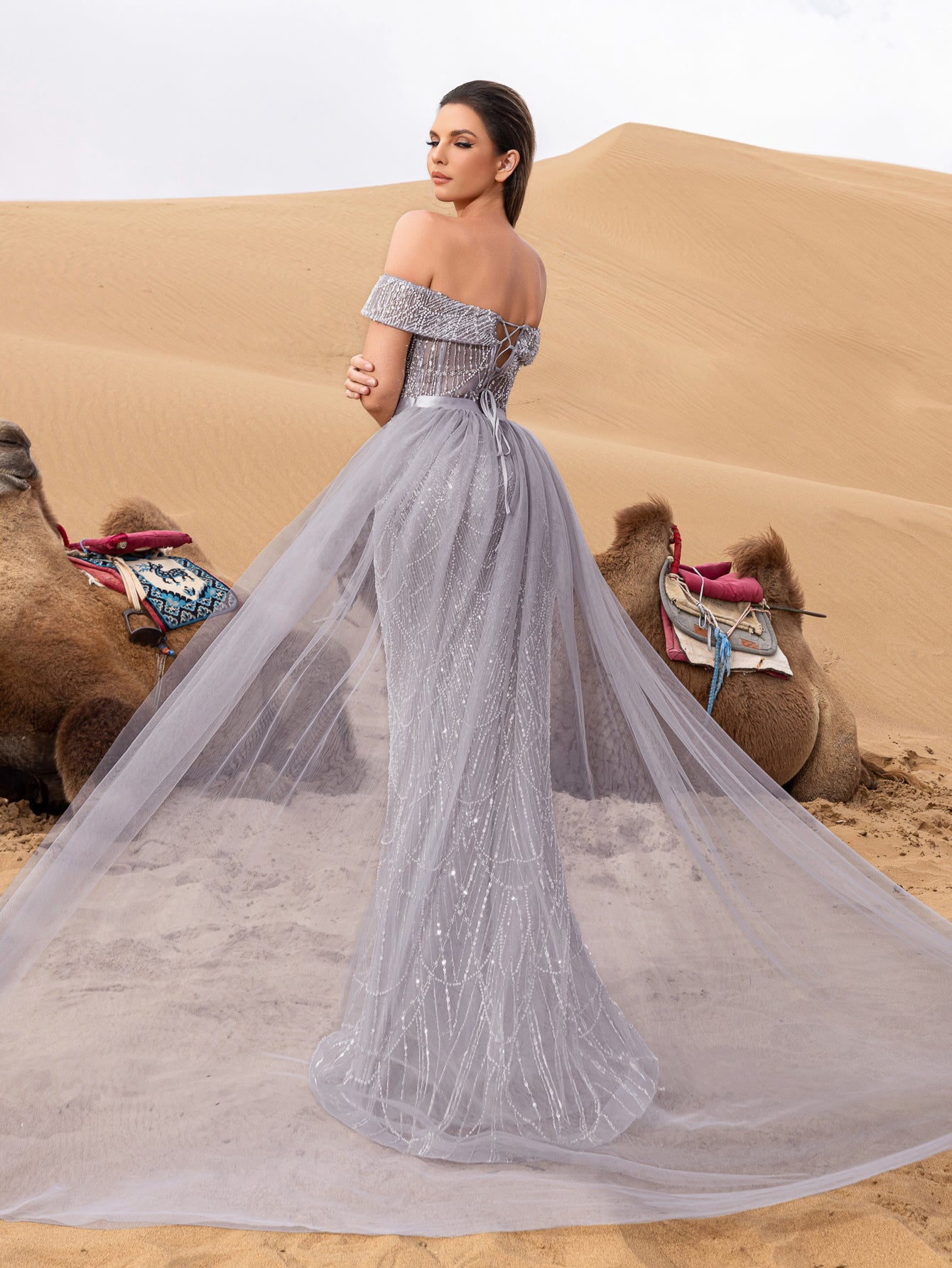 Luxury Off Shoulder Tulle Overlay Mermaid Hem Beaded Seuqin Evening Dress