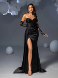 Elegant Strapless Lace Bodice Sheer Sleeves Satin Mermaid Hem Evening Dress