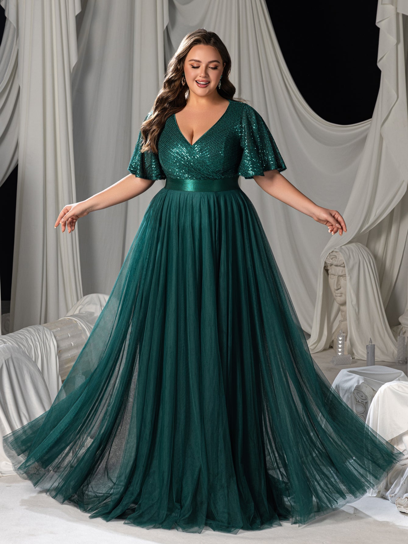 Plus Elegant Surplice Neck Butterfly Sleeves Sequin Evening Dress