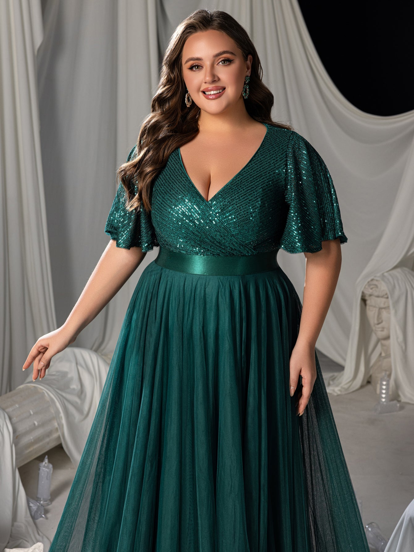 Plus Elegant Surplice Neck Butterfly Sleeves Sequin Evening Dress