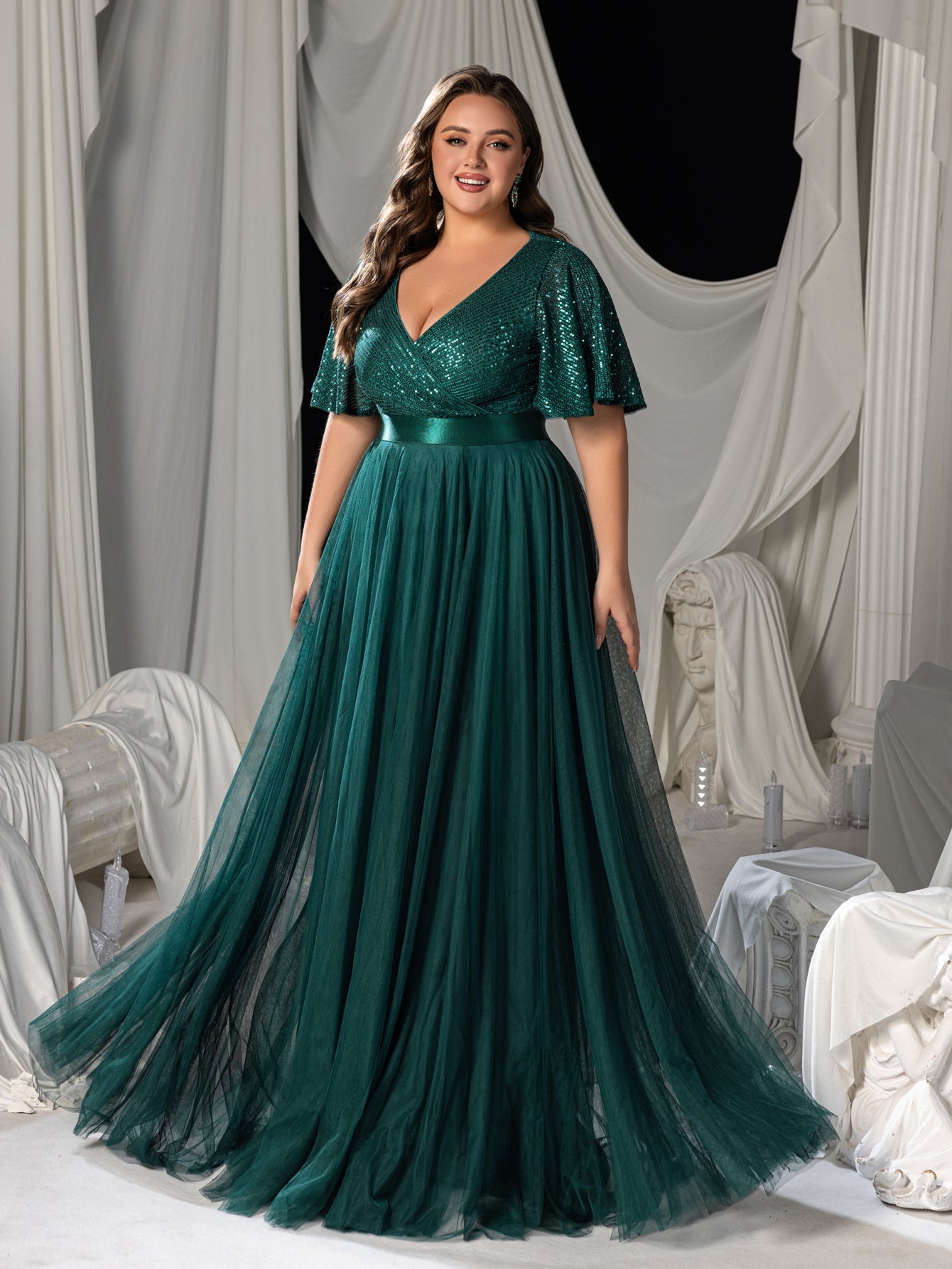 Plus Elegant Surplice Neck Butterfly Sleeves Sequin Evening Dress