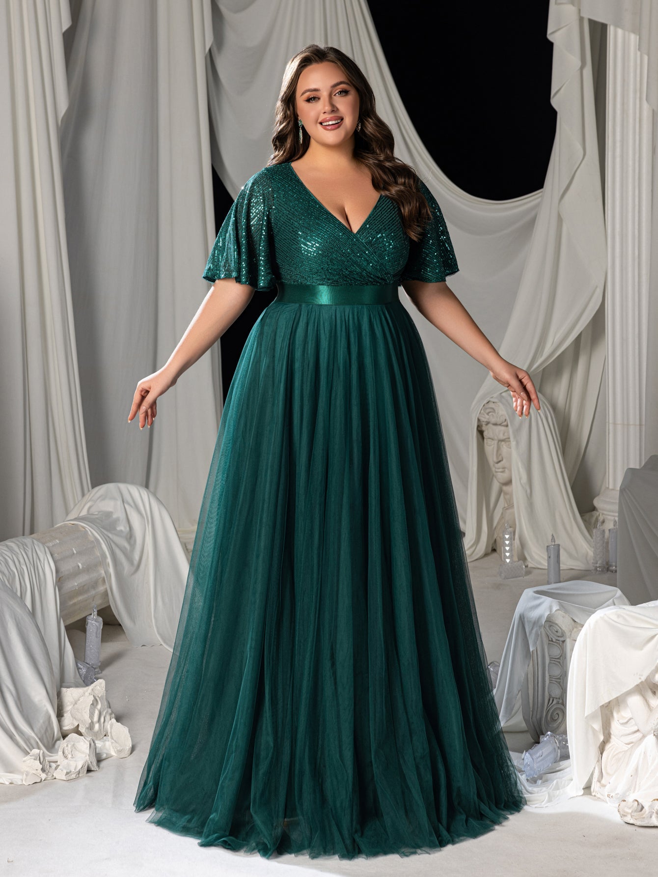Plus Elegant Surplice Neck Butterfly Sleeves Sequin Evening Dress