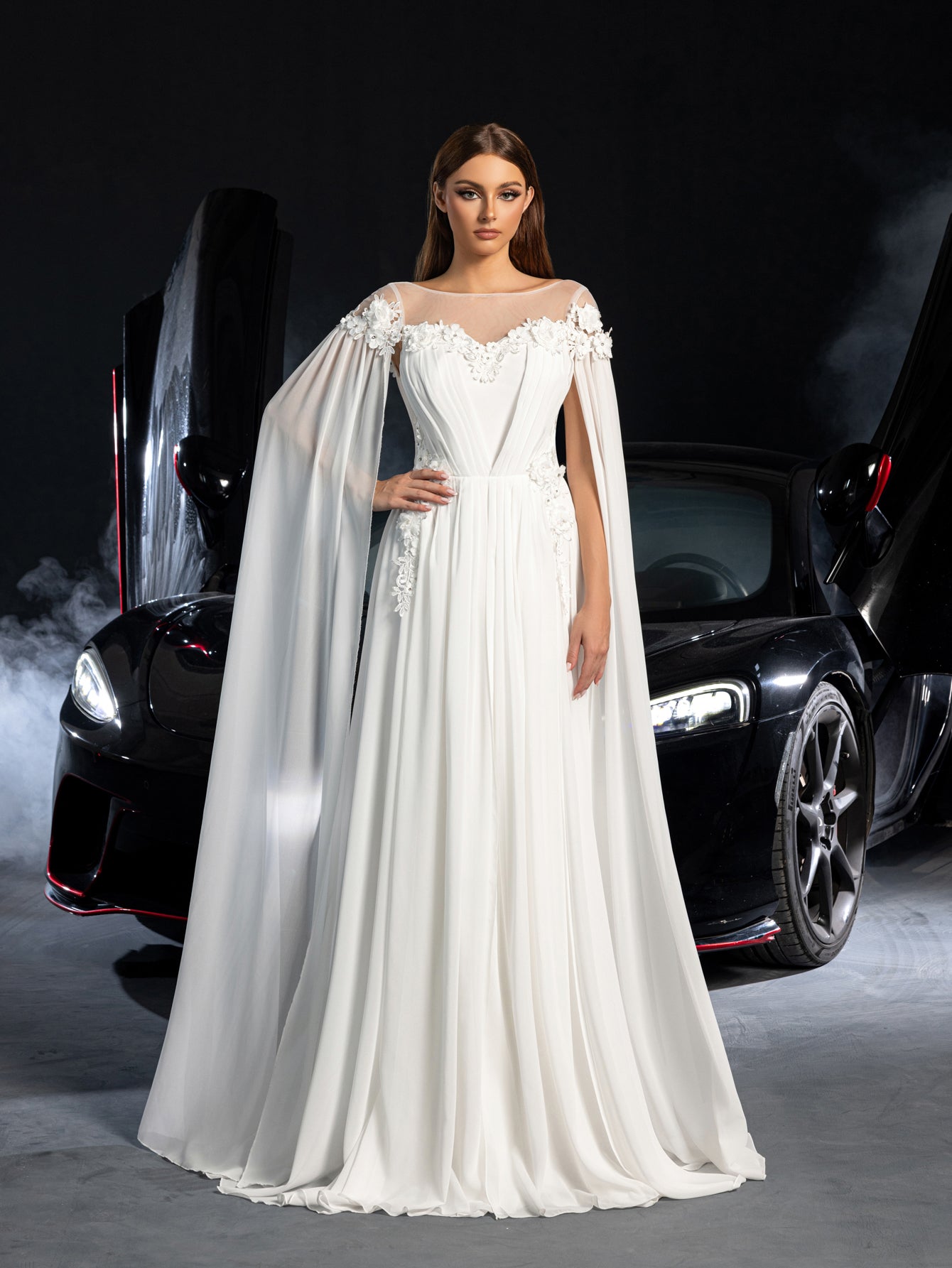 Elegant Applique Detail Boat Neck Ruched Front Cape Sleeves Chiffon Wedding Dress