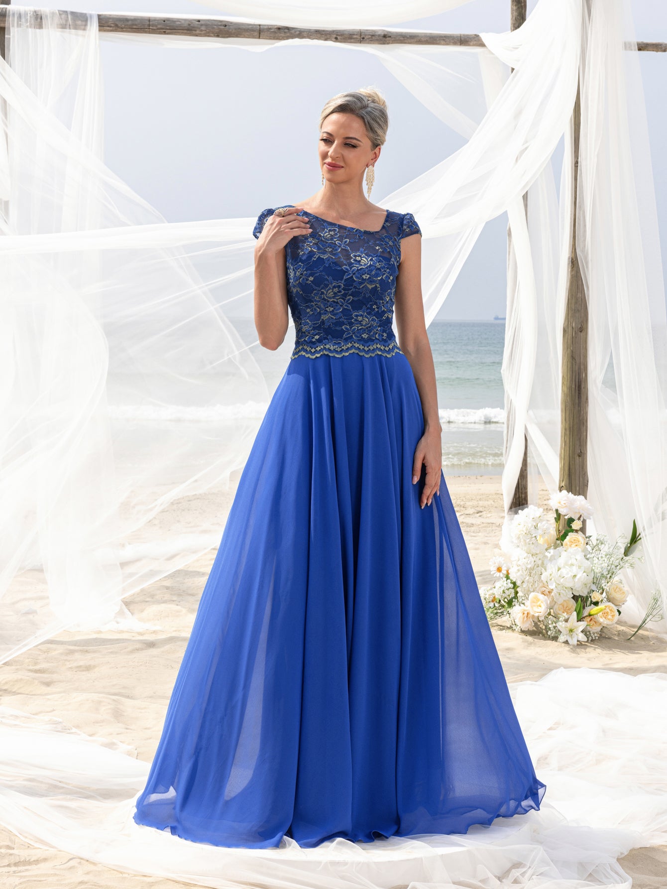 Womens' Elegant Evening Gown: Embroidered Lace Bodice & Flowing Chiff Elonnashop Womens' Elegant Evening Gown: Embroidered Lace Bodice & Flowing Chiff Elonnashop