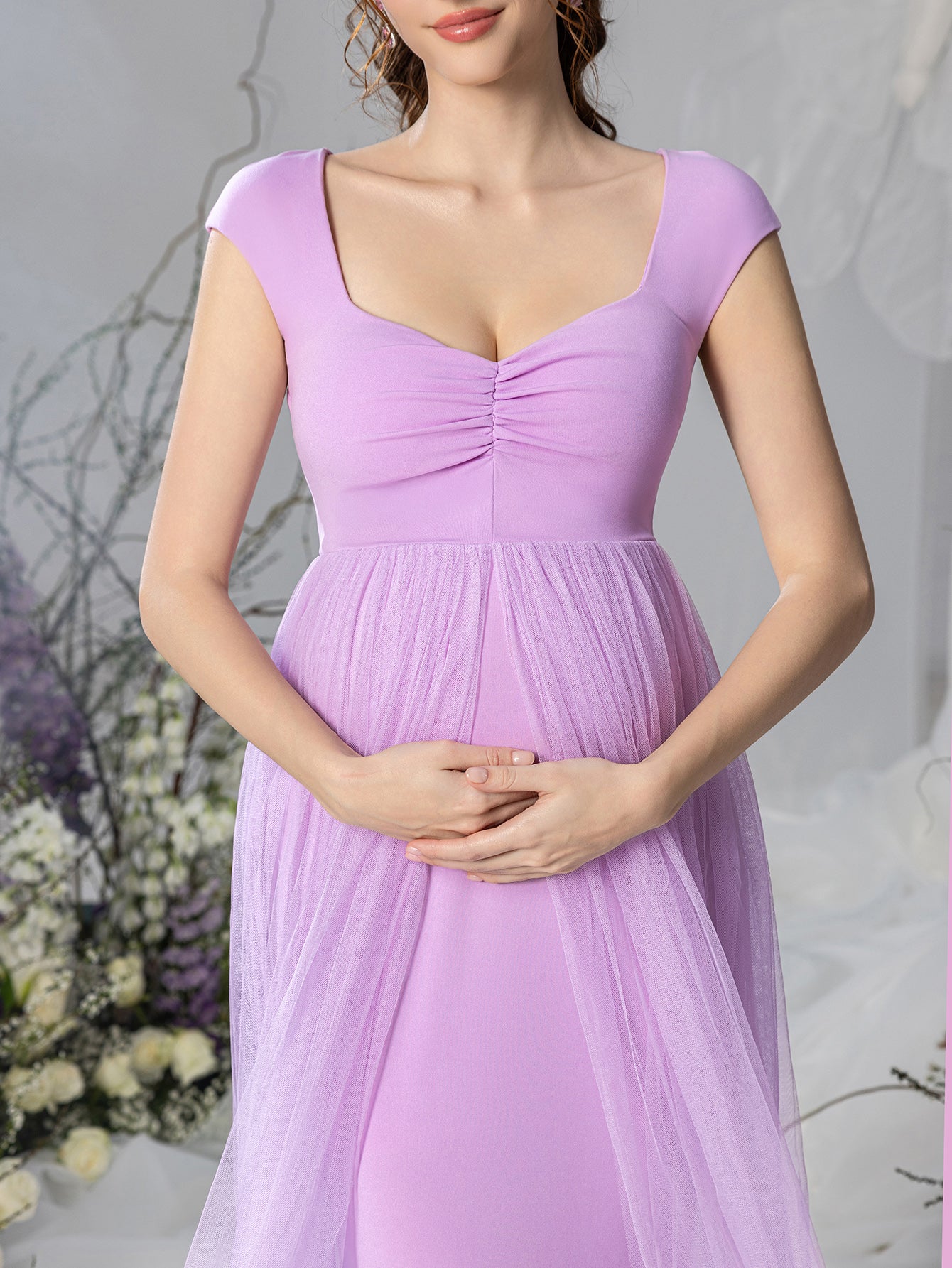 Maternity Sweetheart Collar Cap Sleeves Mesh Overlay Dress