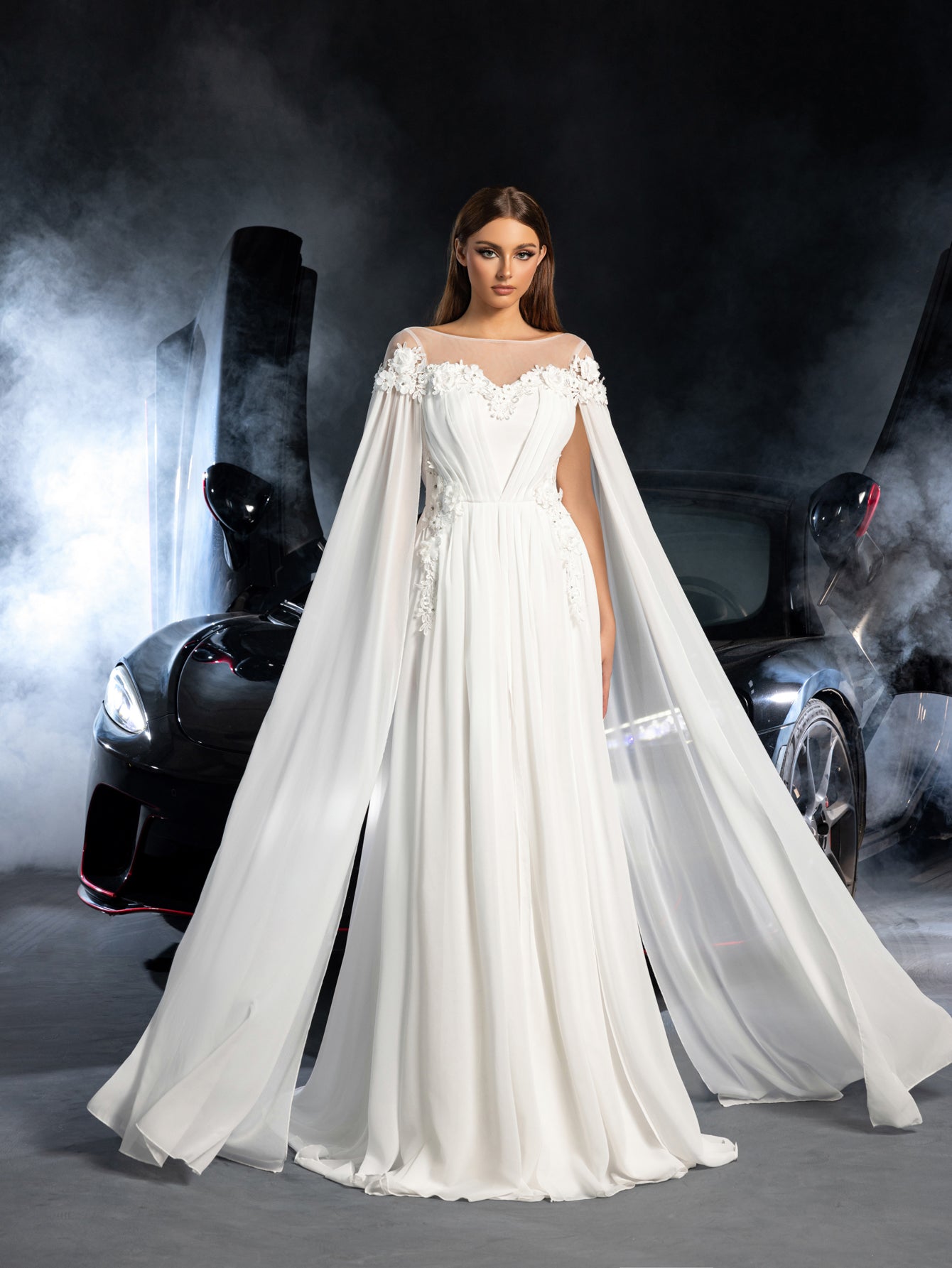 Elegant Applique Detail Boat Neck Ruched Front Cape Sleeves Chiffon Wedding Dress