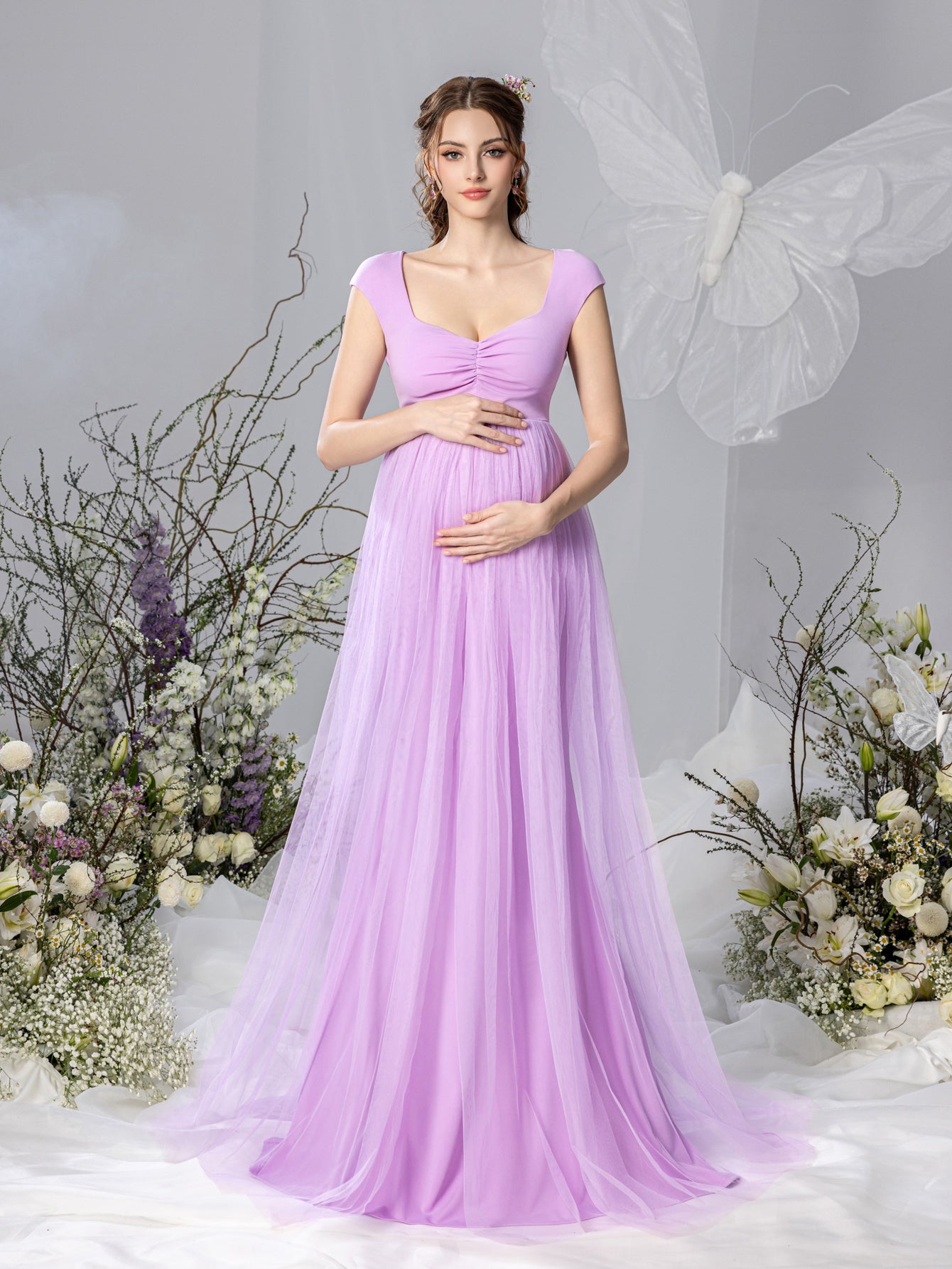 Maternity Sweetheart Collar Cap Sleeves Mesh Overlay Dress